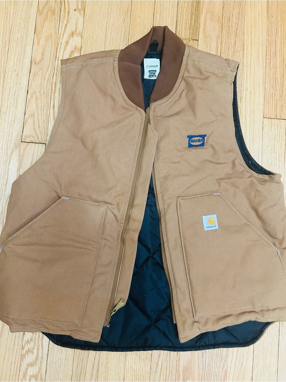 Vintage Carhartt Tan Brown Work Vest with Black Quilted Lining
